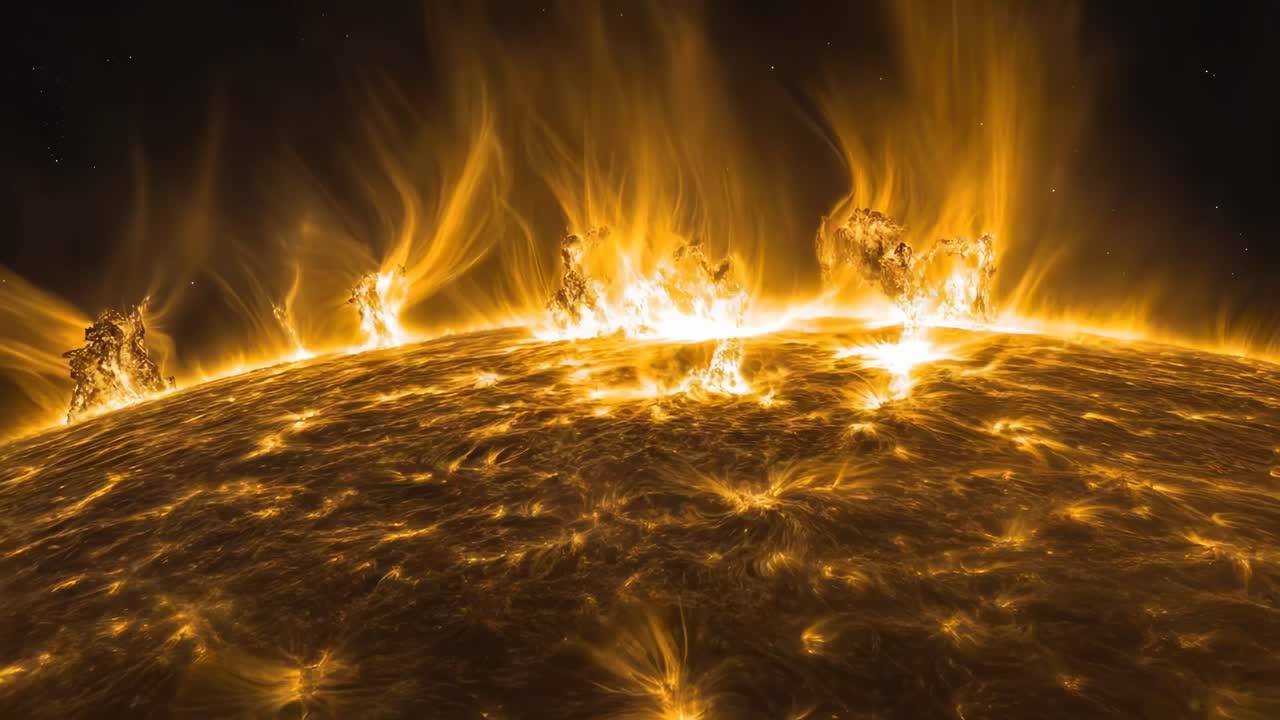 A dramatic close-up video of the sun's surface, showcasing intense solar flares and fiery textures