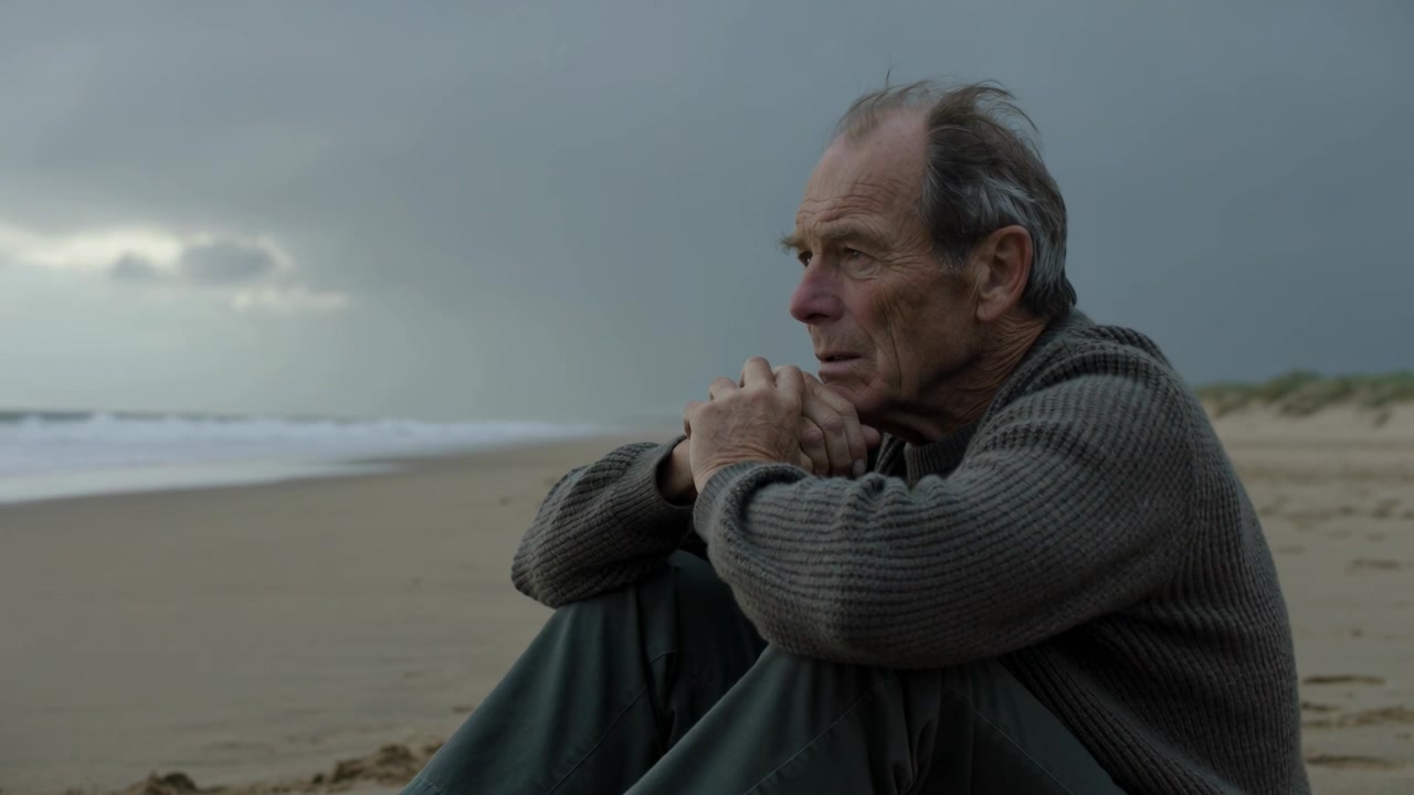 Uomo anziano seduto sulla spiaggia, con un maglione di lana, osserva le onde sotto la pioggia, con le mani giunte, spazio per il testo.