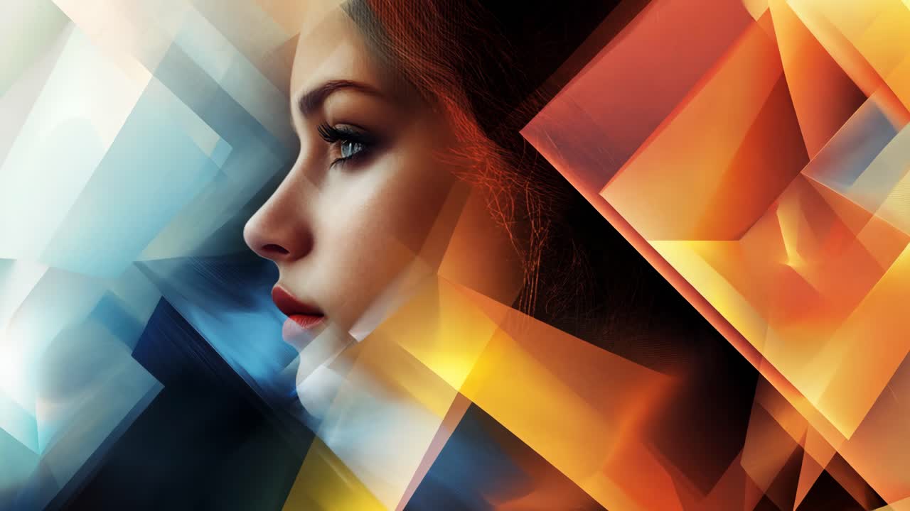 A woman's face is shown in a collage of different colored squares. The image has a bold and abstract feel to it, with the woman's face taking center stage. The use of different colors