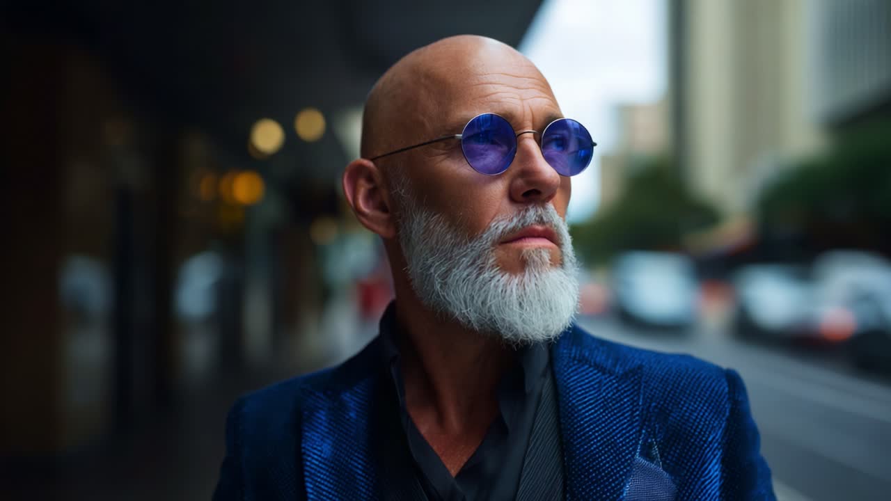 A Distinguished Gentleman with a Full Beard and Stylish Sunglasses Stands Confidently on a Busy Urban Street, Exuding an Air of Sophistication and Charm