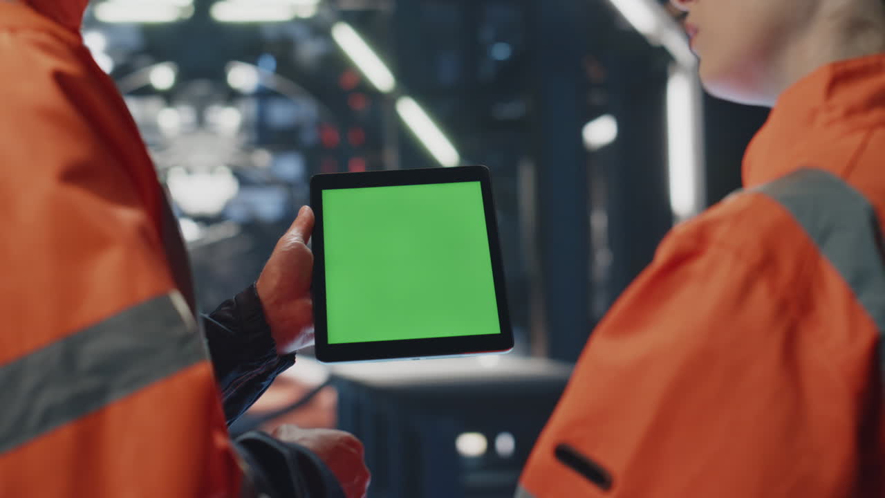 공장 동료들이 산업 시설에서 녹색 화면 태블릿을 가까이서 보고 있습니다.