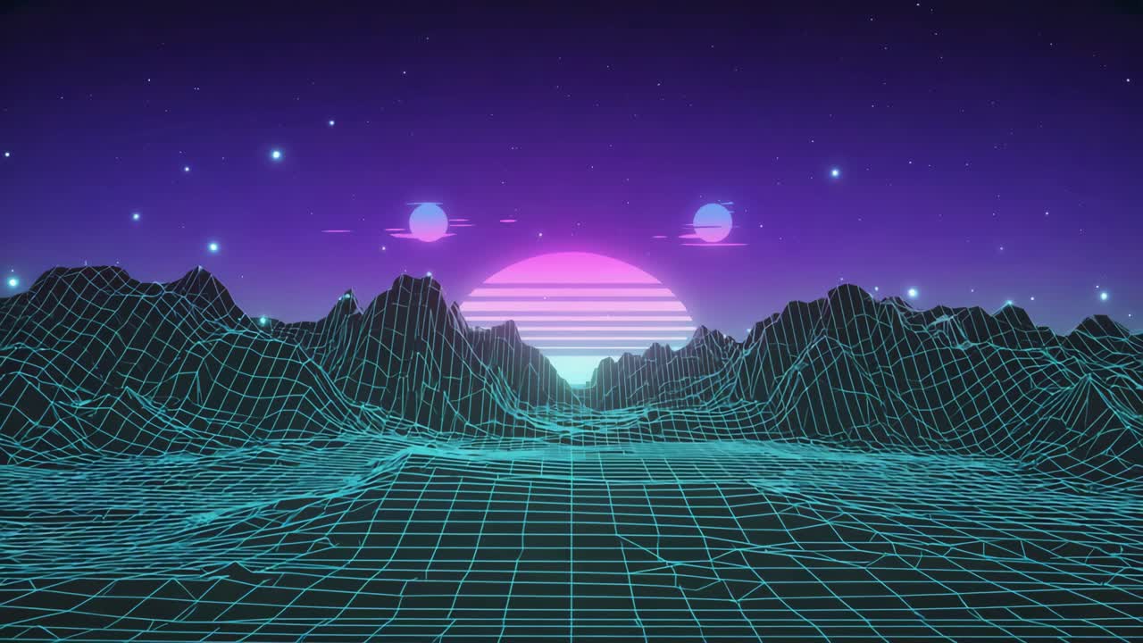 Synthwave Landscape with Mountains and Retro Grid