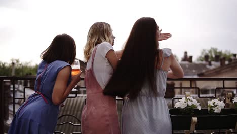 three female friends enjoying hen party on the terrace, backside view. fancy, modern clothes. beautiful city view on the background