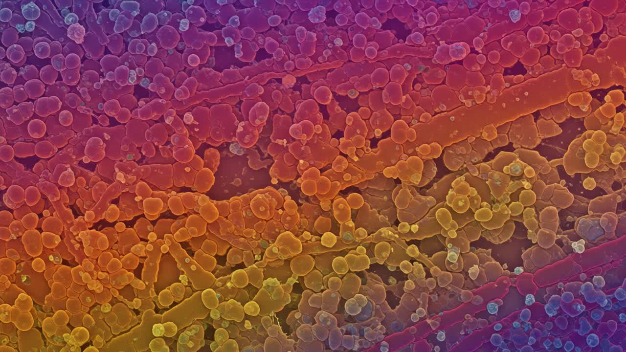 Microscopic View of Vibrant, Colorful Particles and Structures Presenting a Pharmaceutical or Biological Landscape Under Electron Microscopy