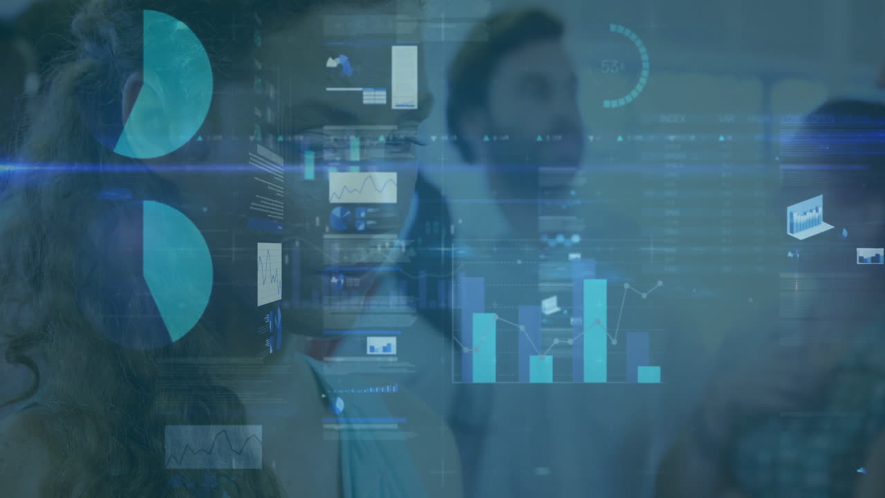 Analyzing data charts and graphs, business professionals in futuristic office setting