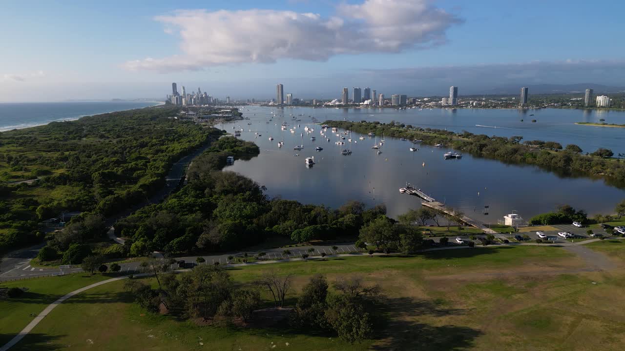 Left to right aerial View over Doug Jennings Park looking South towards Surfers Paradise, Gold Coast, Australia.