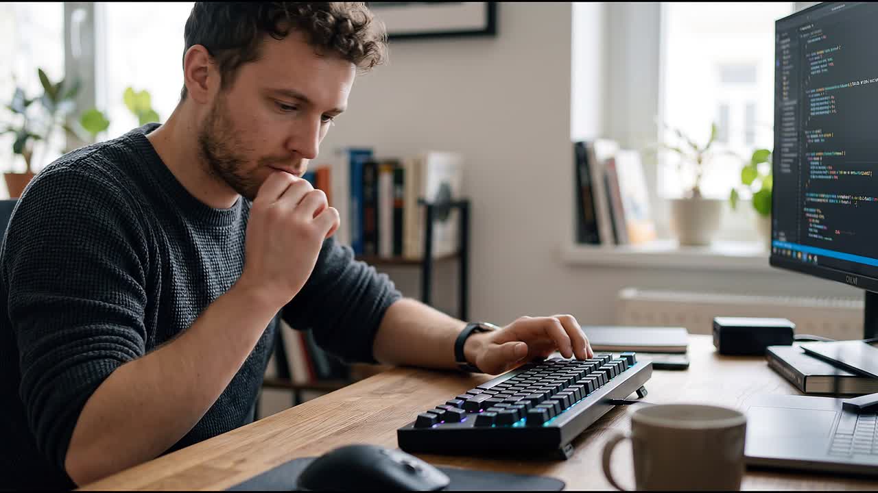 Uomo che digita sulla tastiera alla scrivania con monitor che mostra codice in un luminoso ufficio domestico con piante.