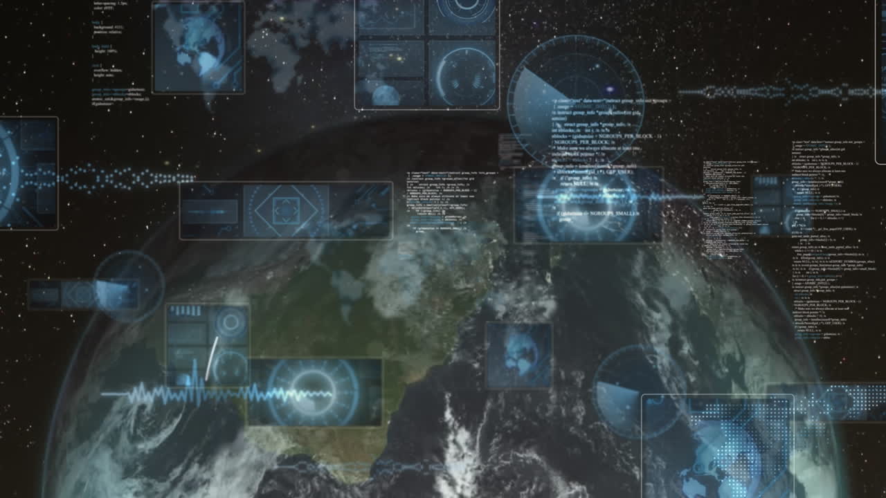 Animation of radars, circles, soundwaves, computer language over globe against abstract background