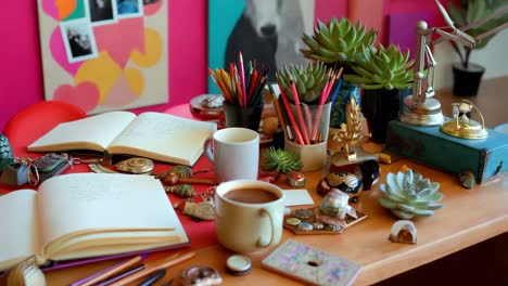 espacio de trabajo creativo con suculentas y café