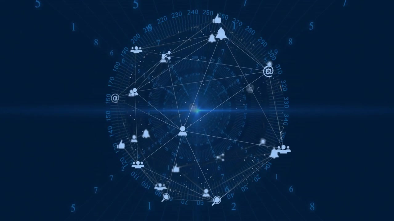 Network graph displaying interconnected social icons on dark blue circular numeric grid flat design