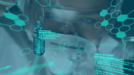animation of data processing over african american female scientist in lab