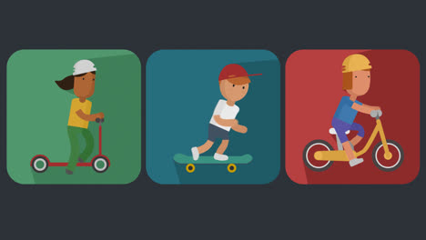 cartoon flat animation of physical exercises. the happy children are spending time actively. the girls are riding on a scooter and a bike and boy is riding on the skateboard