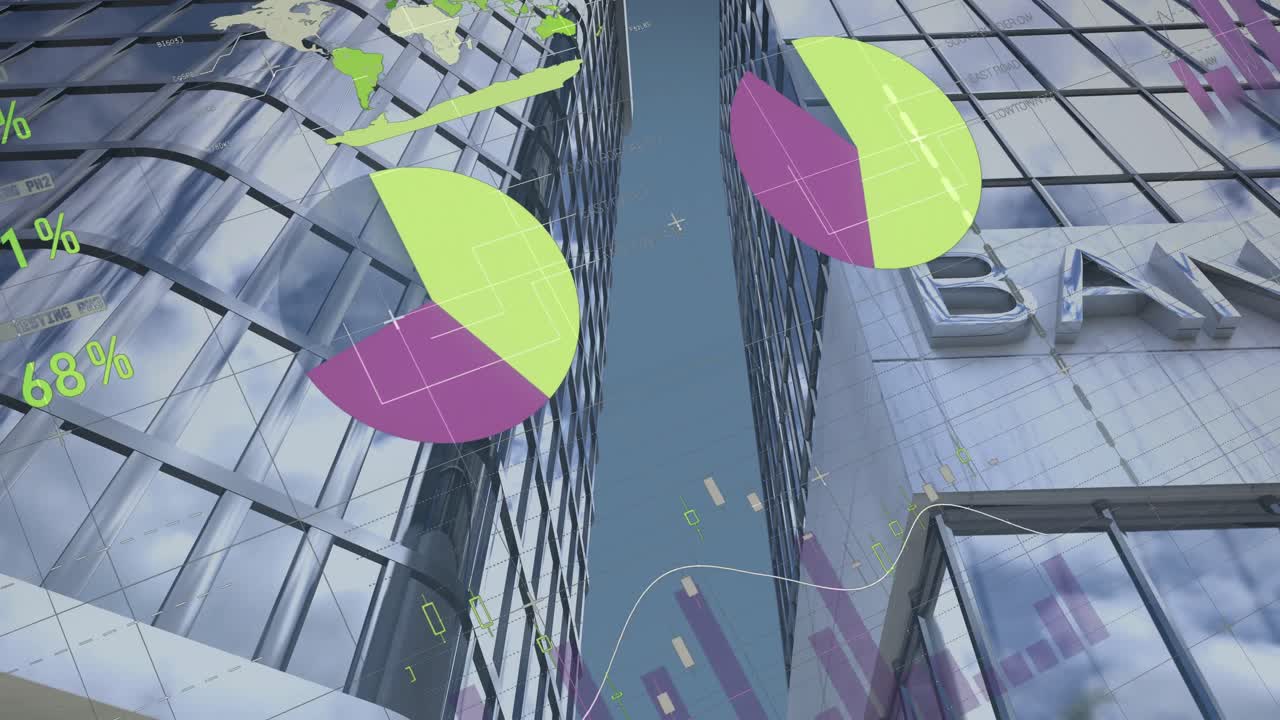 animación del procesamiento de datos estadísticos contra edificios altos