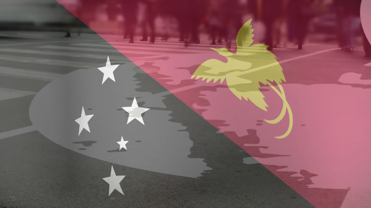 Papua New Guinea flag animation overlaying street scene in background
