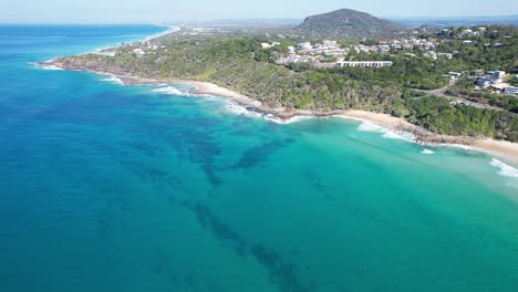 panoramic aerial view beachfront city in coolum beach in sunshine coast, noosa region, queensland australia