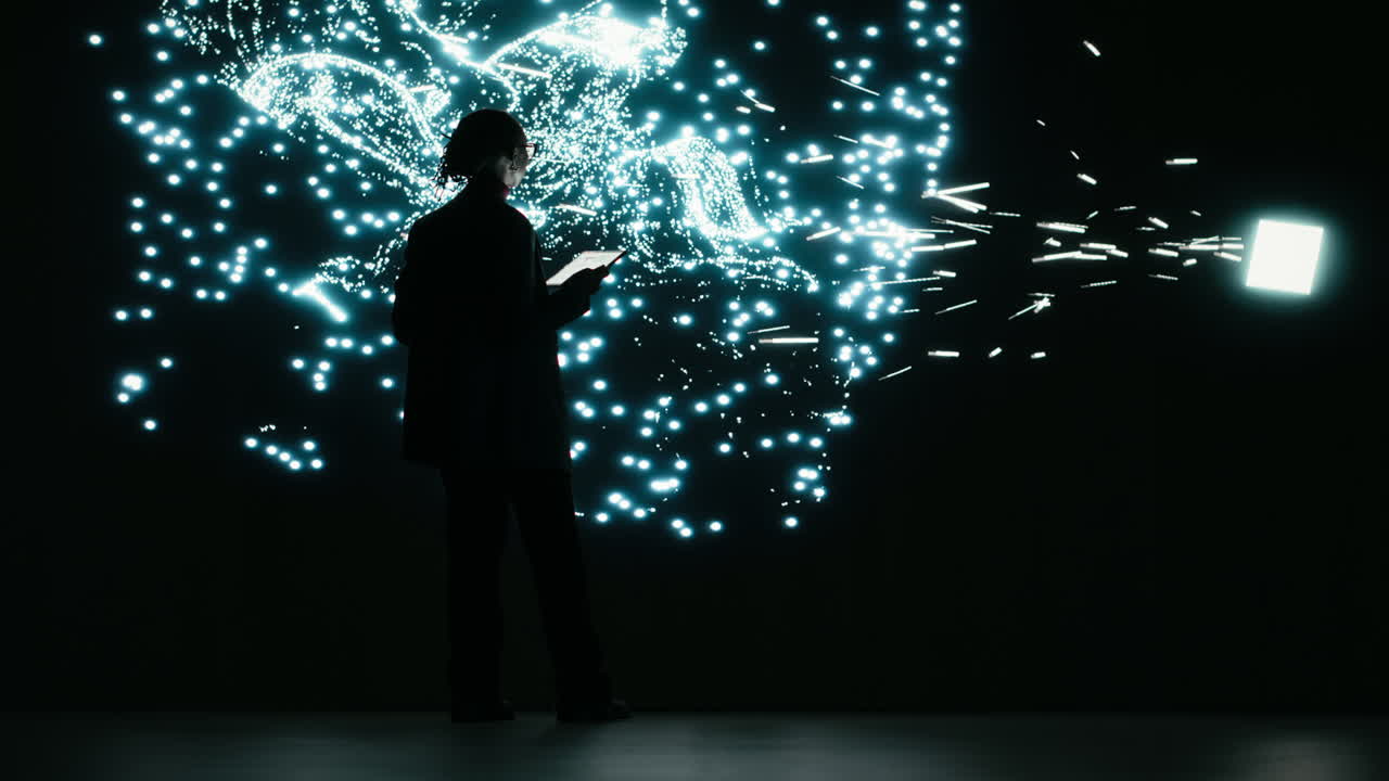 Silhouette of Person Interacting with Digital Particle Display