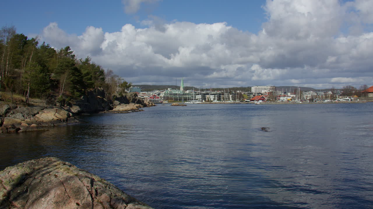 Wide shot looking over Kristiansand harbour from Odderøya
