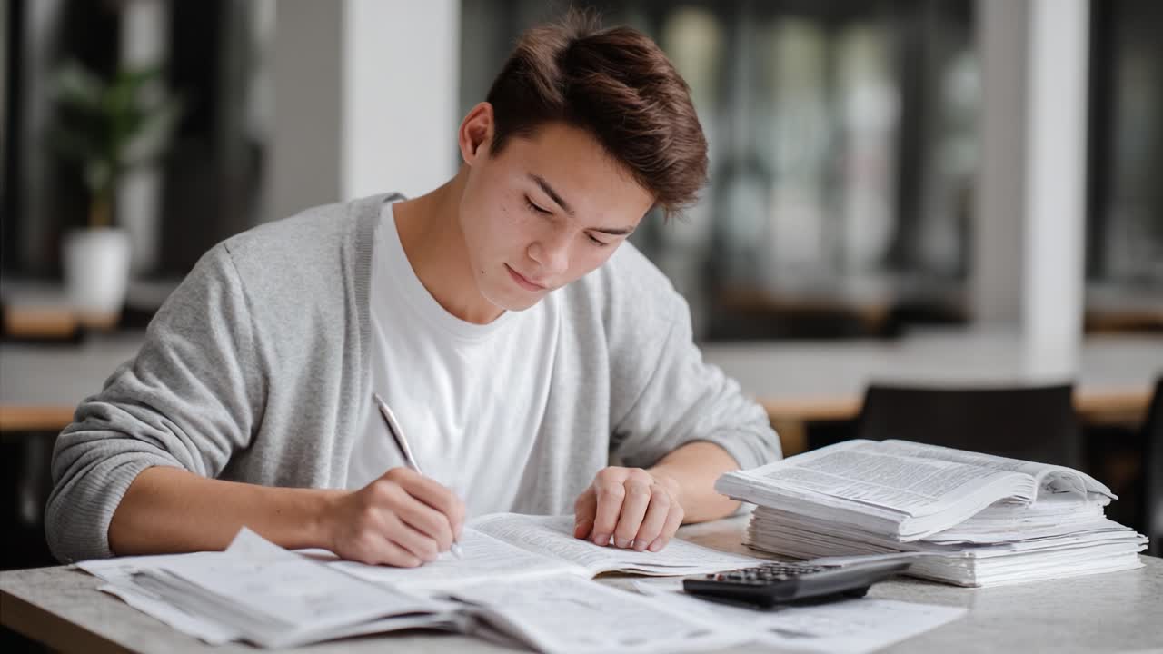 Seorang Pelajar yang Fokus Terlibat dalam Studi dengan Kertas dan Kalkulator di Meja, Menunjukkan Dedikasi untuk Kesuksesan Akademik dan Lingkungan Belajar