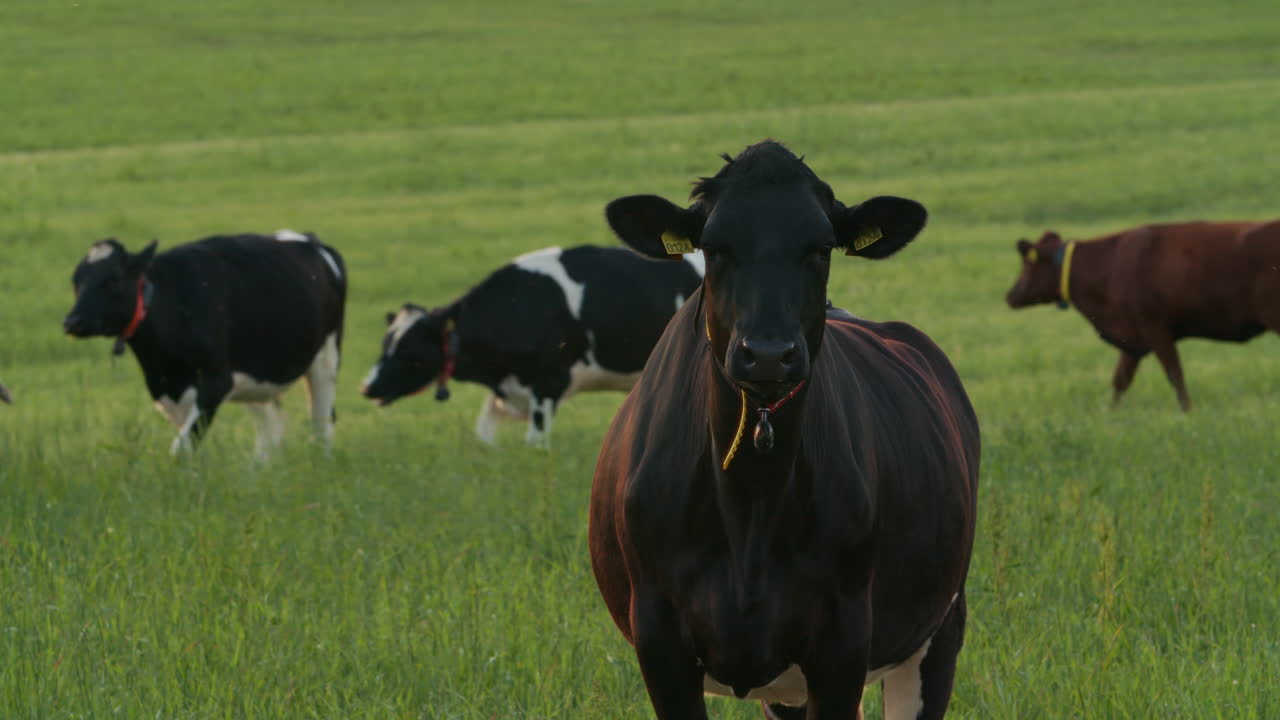 Mucca nera che fissa con rabbia la telecamera, animale teso in fattoria