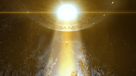 High-quality,-realistic-CGI-animation-of-an-alien-abduction,-with-unconcious-man-floating-up-a-gold-beam-of-light-towards-a-huge-rotating-flying-saucer,-spaceship