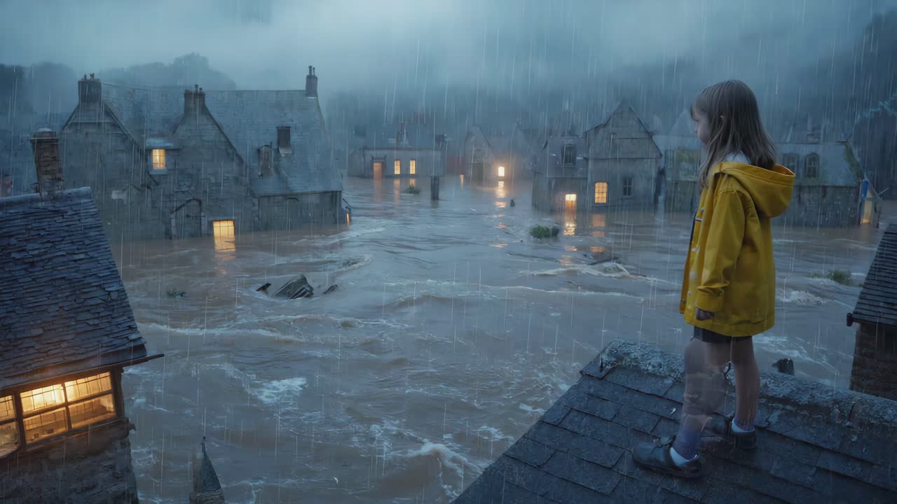 A girl observes a flooded town during a climate disaster
