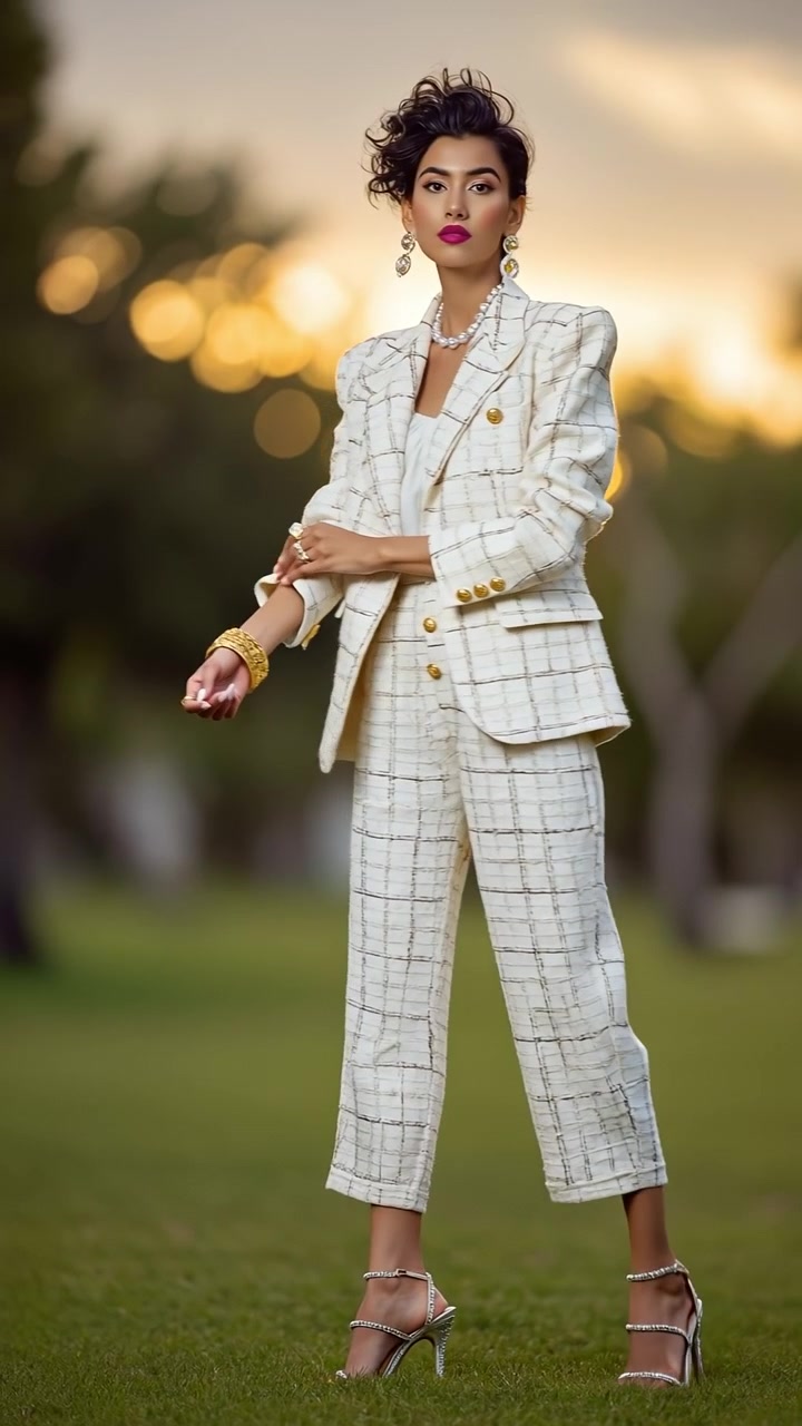 Jovem mulher elegante com um elegante conjunto de calça e blazer xadrez branco posando ao ar livre em um gramado verde ao pôr do sol.