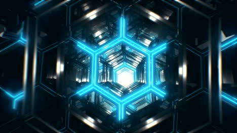 vuelo infinito sin costuras en un brillante corredor futurista hecho de metal