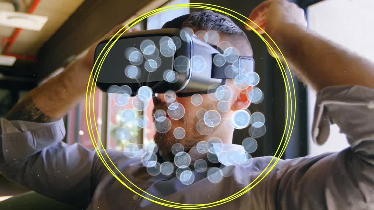 animación del globo con una red de conexiones sobre un hombre de negocios con auriculares vr