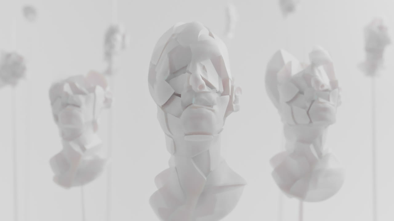 Multiple crushed android heads on spikes in white space