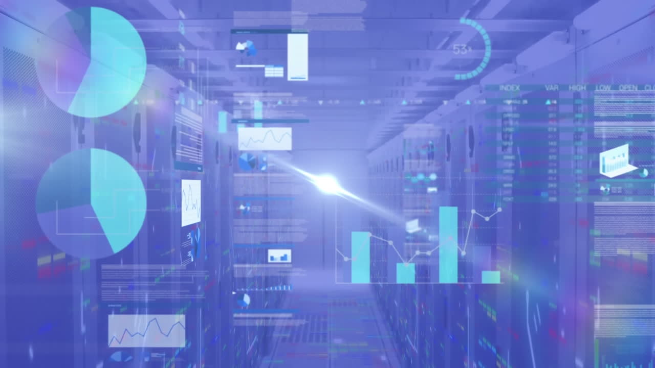 컴퓨터 서버 에 대한 데이터 처리를 가진 라이트 스과 화면의 애니메이션.