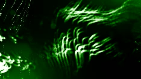fondo verde 3d con fantásticas partículas luminosas. animación 3d en bucle con profundidad de campo, efectos de luz. fondo digital moderno. líneas curvas 5