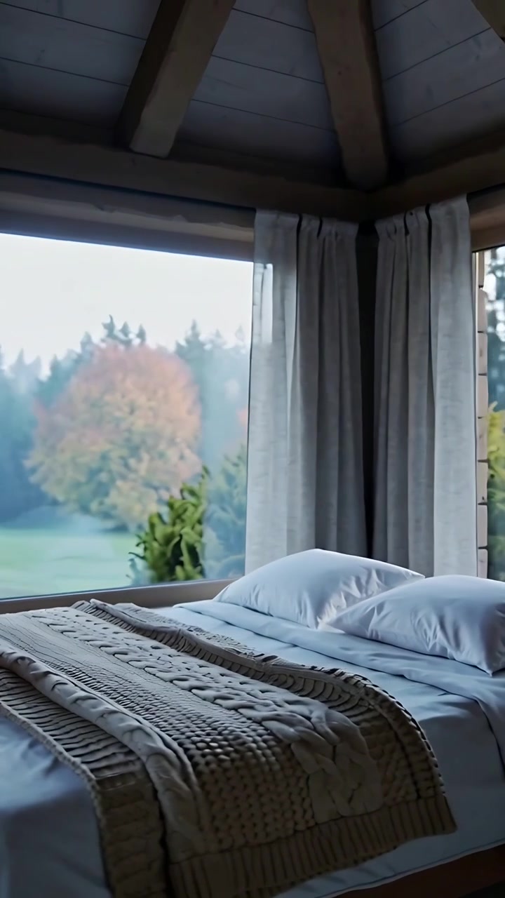 Vertical video: Panning camera revealing neatly made large bed at corner windows, showing lawn view