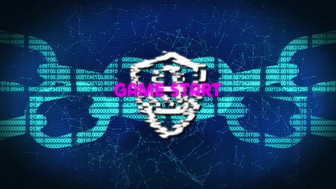Animation of shield with lock and Game Start text over digital network
