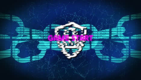 Animation of shield with lock and Game Start text over digital network