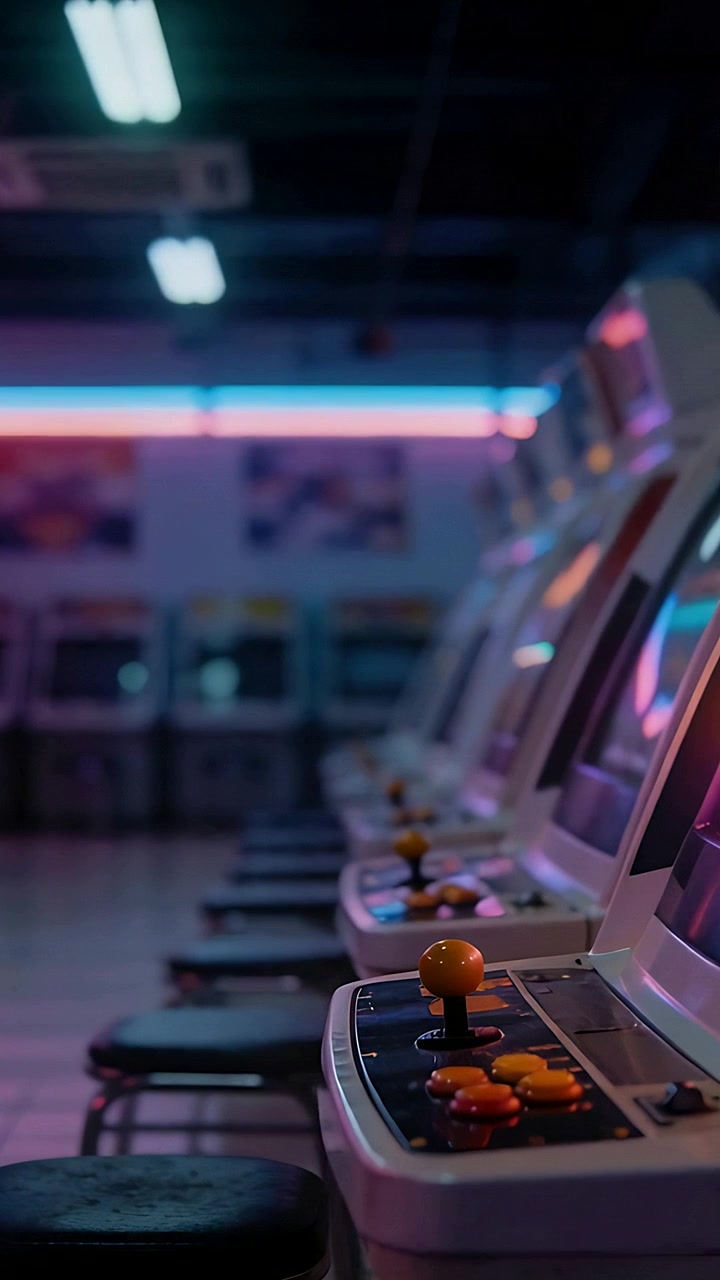 Vídeo vertical: Câmera focando em painel de fliperama à direita, mostrando joystick amarelo, espaço para texto