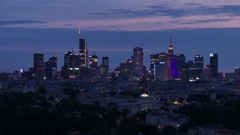 poland, warsaw city panorama late in the evening, with skyscrapers in the background. view from a drone camera