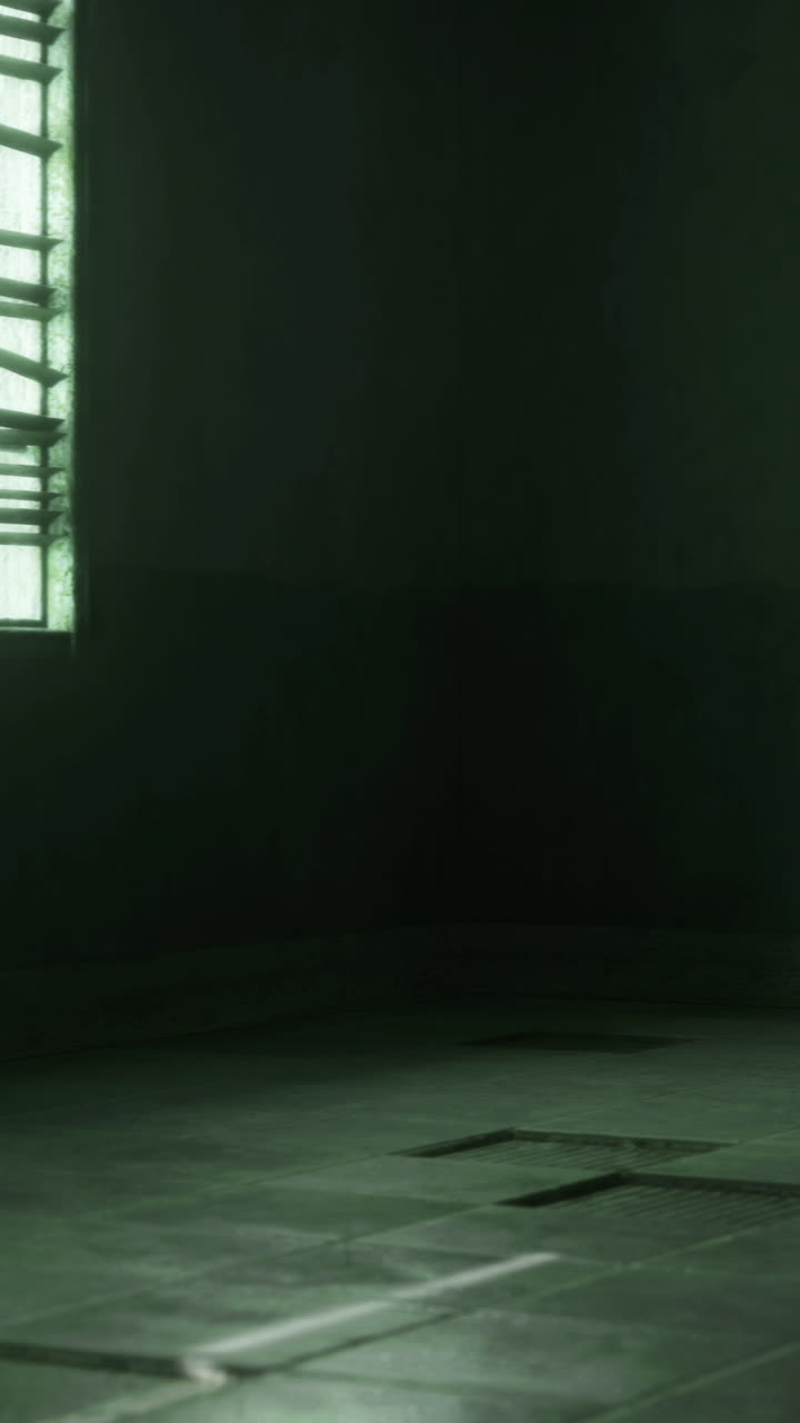 Lighting and shadows create an eerie atmosphere in an empty dimly lit room