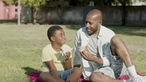 black father and son having picnic in park, eating sandwiches.