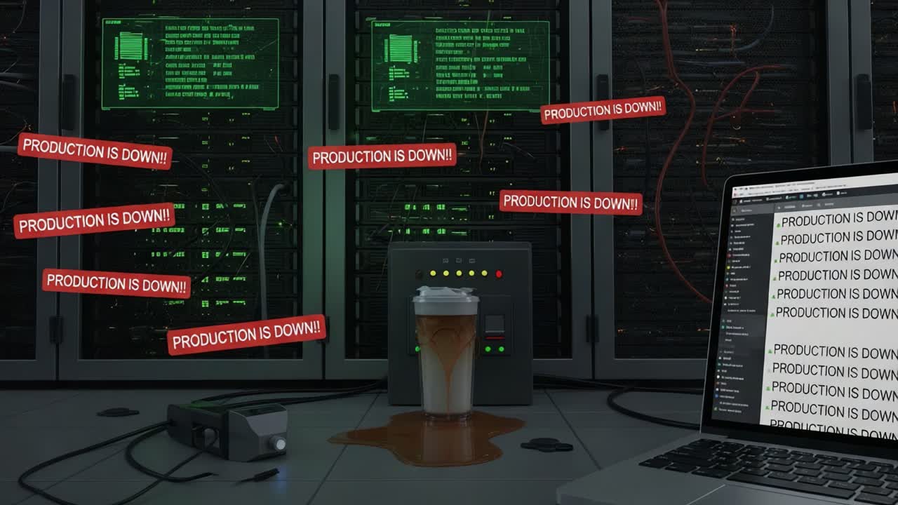 Crisis in Data Center: A Dramatic Depiction of System Failure with Alerts Indicating 'Production is Down' Amidst Equipment and Spilled Coffee