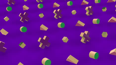 animation of 3d shapes and purple and blue swirls over yellow and purple backgrounds