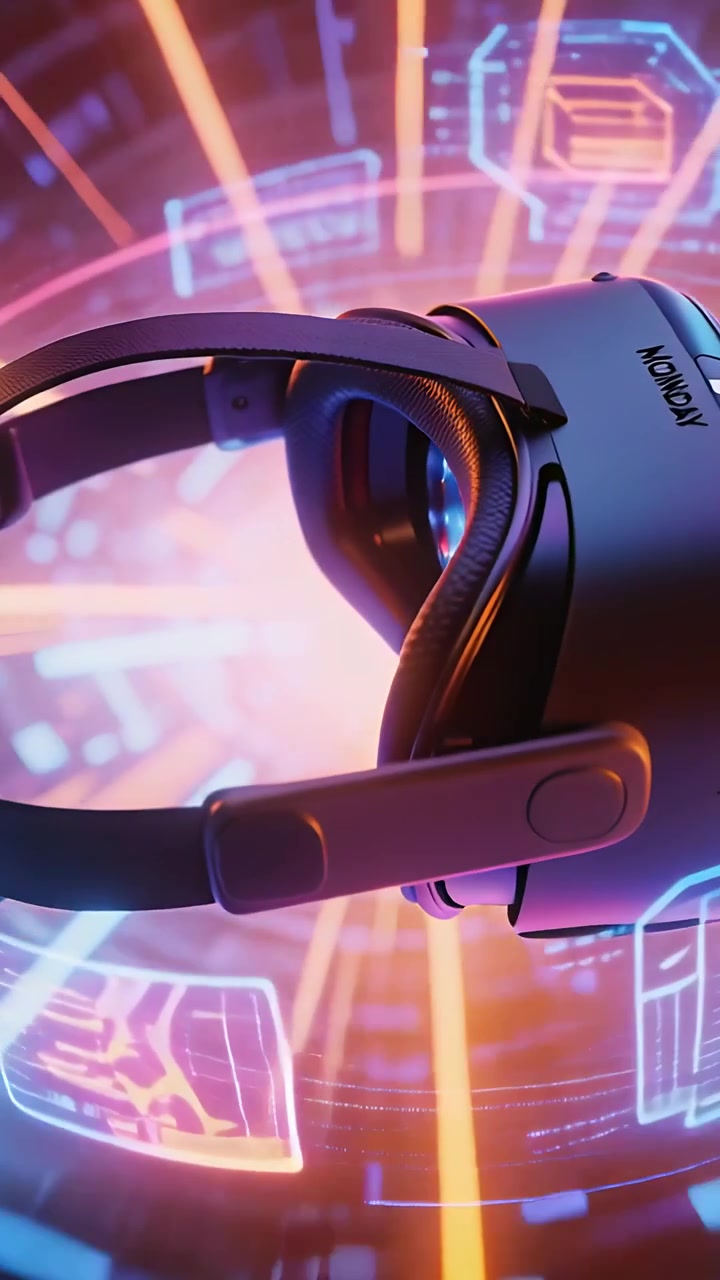 Video verticale: Telecamera che inizia a orbitare attorno a un visore VR scuro in un HUD al neon, mostrando il marchio e le lenti.