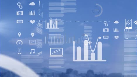 Animation-of-data-processing-with-media-icons-over-blue-sky-and-cityscape