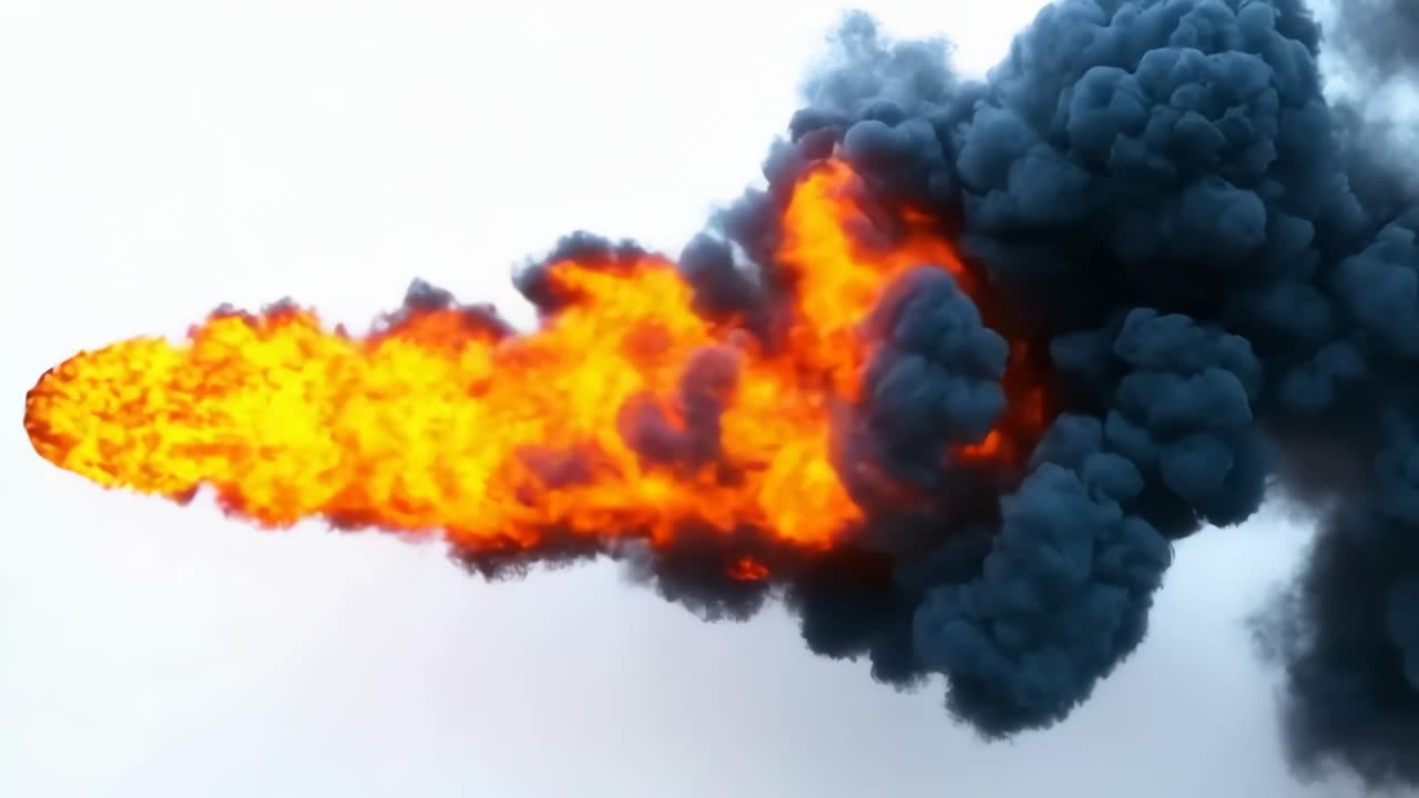 Fire and smoke erupting into the sky. Flames and dark smoke billow into the sky, creating a dramatic visual spectacle of fire and destruction.