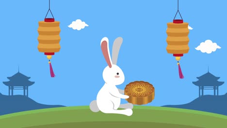 feliz animación del festival de mediados de otoño con conejo y pastel de luna