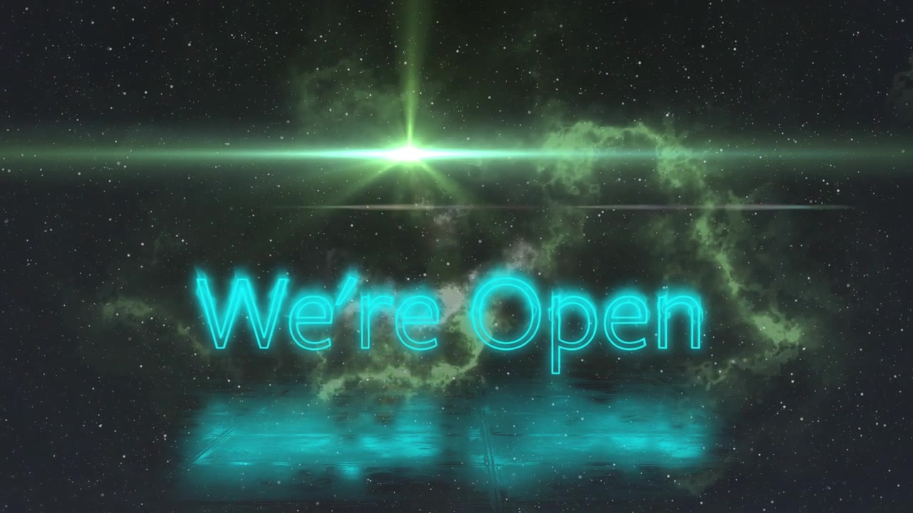 Animation of we re open over light and night sky