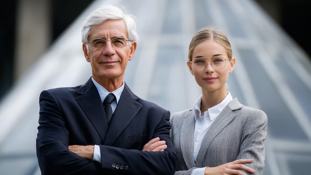 A confident senior professional and a poised young businesswoman stand side by side, exemplifying collaboration, leadership, and dedication in a modern urban setting