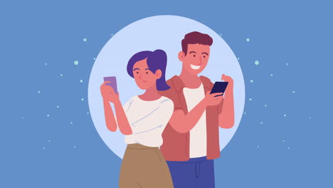 young couple using smartphones animation