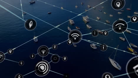 network connectivity and location icons animation over boats in harbor