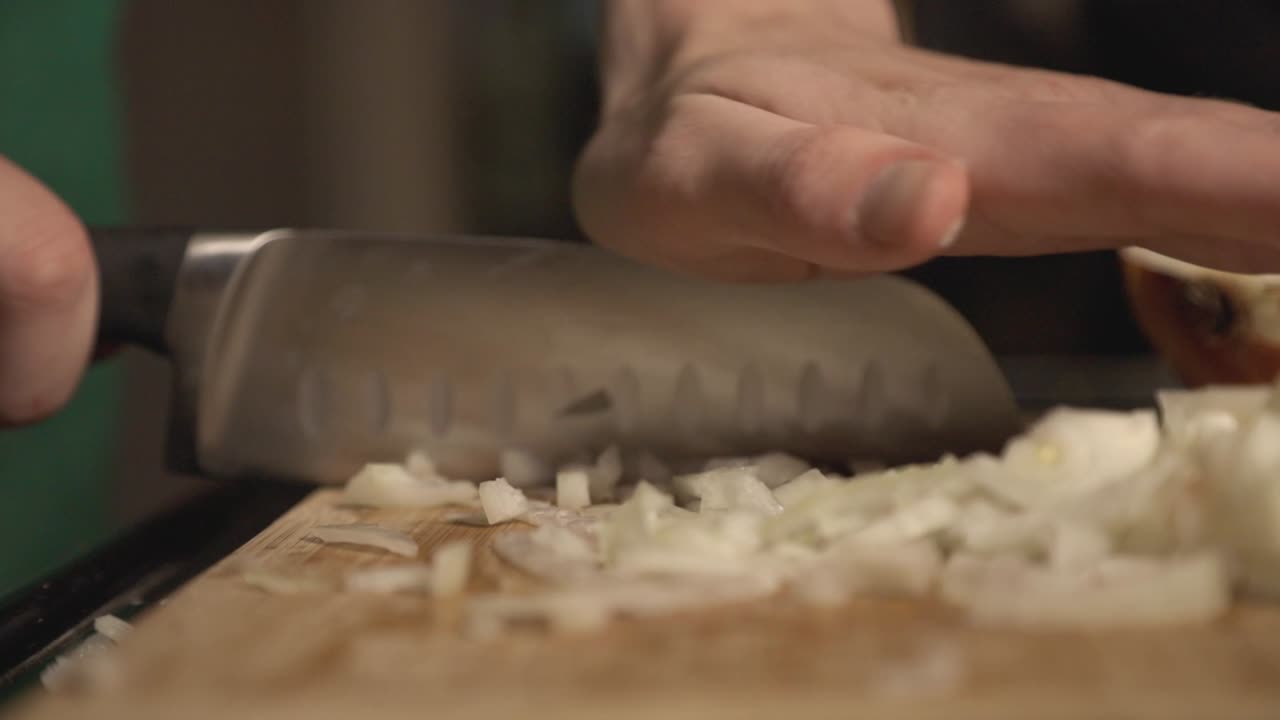Mincing White Onions Using Sharp Knife