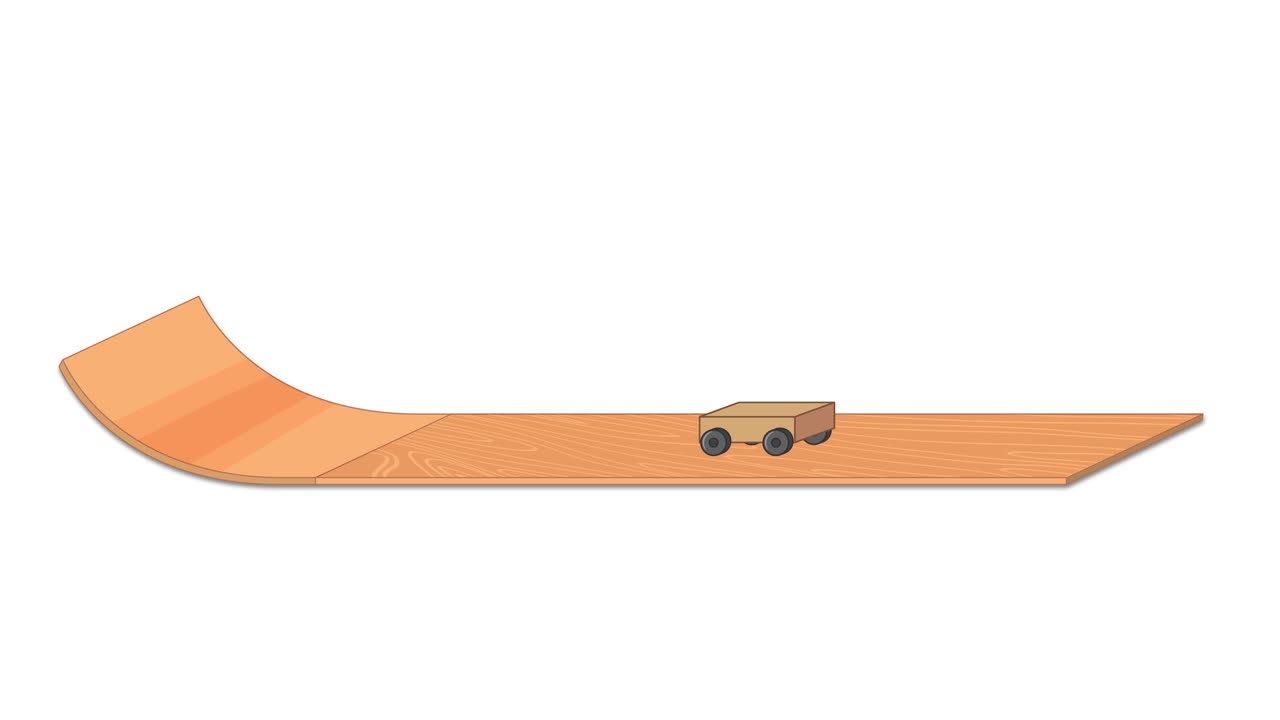 A toy car moves down a wooden ramp, illustrating friction effects. Smooth transitions and minimalistic design enhance educational value